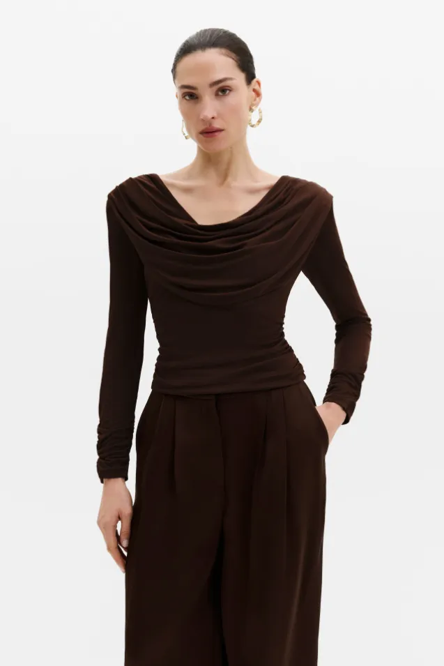 Signe Cowl Neck Jersey Top Dark Brown
