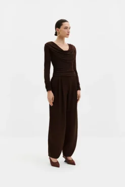 Signe Cowl Neck Jersey Top Dark Brown