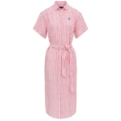 Striped Linen Short-Sleeve Shirt Dress White/Red
