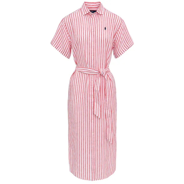 Striped Linen Short-Sleeve Shirt Dress White/Red