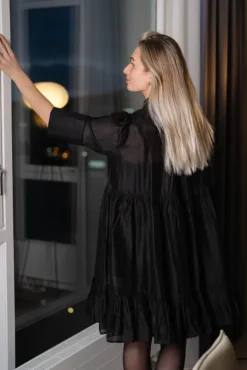 Striped Organza Shirt Dress Black