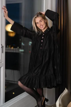 Striped Organza Shirt Dress Black