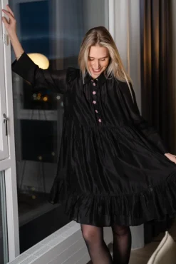 Striped Organza Shirt Dress Black