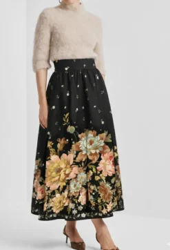 Taffeta Maxi Skirt Midnight Blossoms