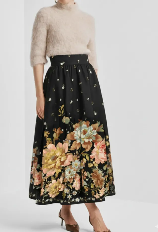 Taffeta Maxi Skirt Midnight Blossoms