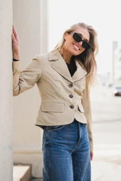 Thela Suede Leather Short Jacket Pale Khaki