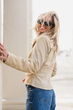 Thela Suede Leather Short Jacket Pale Khaki