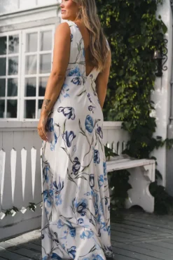 Thelma Open Back Satin Maxi Dress Tulip Blue