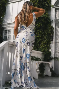 Thelma Open Back Satin Maxi Dress Tulip Blue