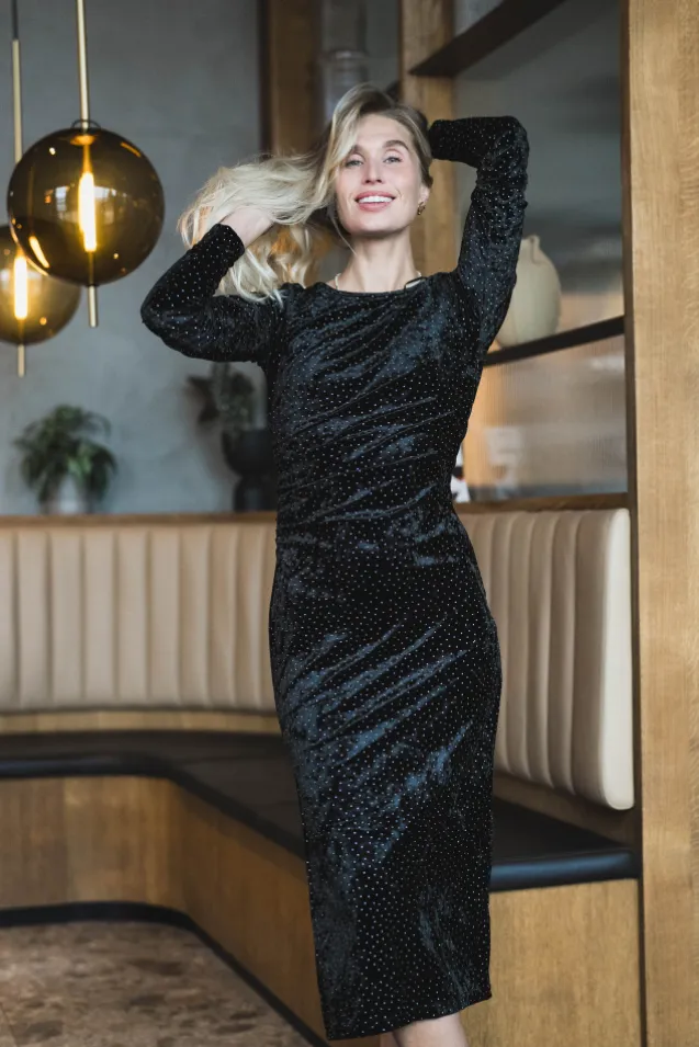 Tilla LS Velvet Long Dress Black W/Rhinestones