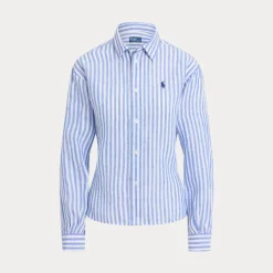 Wide Cropped Gingham Linen Shirt Gala Blue/White