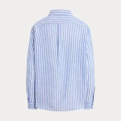 Wide Cropped Gingham Linen Shirt Gala Blue/White