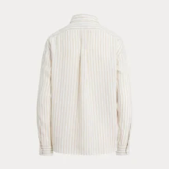 Wide Cropped Gingham Linen Shirt Dune Tan/White