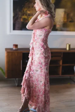 Zella Chiffon Print Dress Dusty Pink