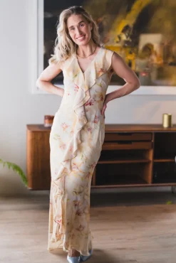 Zella Chiffon Print Dress Dusty Yellow